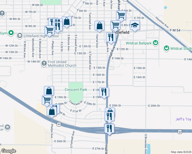 map of restaurants, bars, coffee shops, grocery stores, and more near 703 East 17th Street in Littlefield