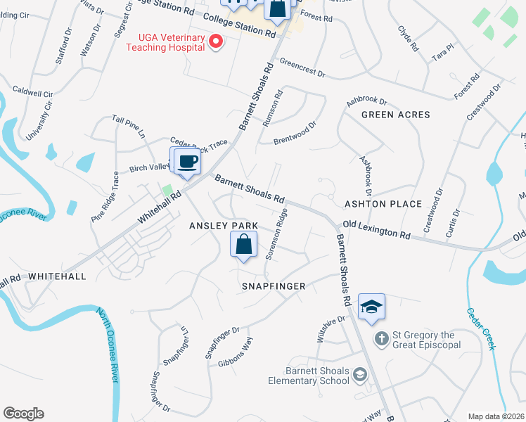 map of restaurants, bars, coffee shops, grocery stores, and more near 110 Wakefield Trce in Athens