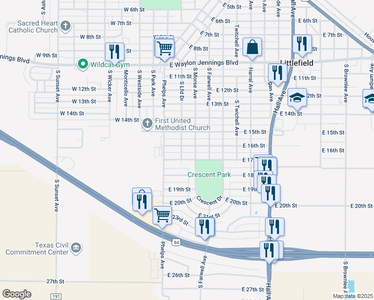 map of restaurants, bars, coffee shops, grocery stores, and more near 201 East 17th Street in Littlefield