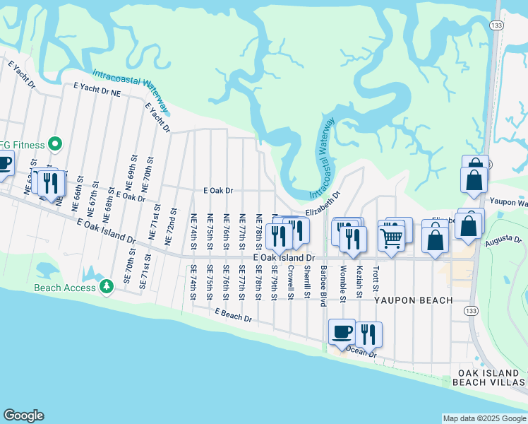 map of restaurants, bars, coffee shops, grocery stores, and more near 114 Northeast 78th Street in Oak Island