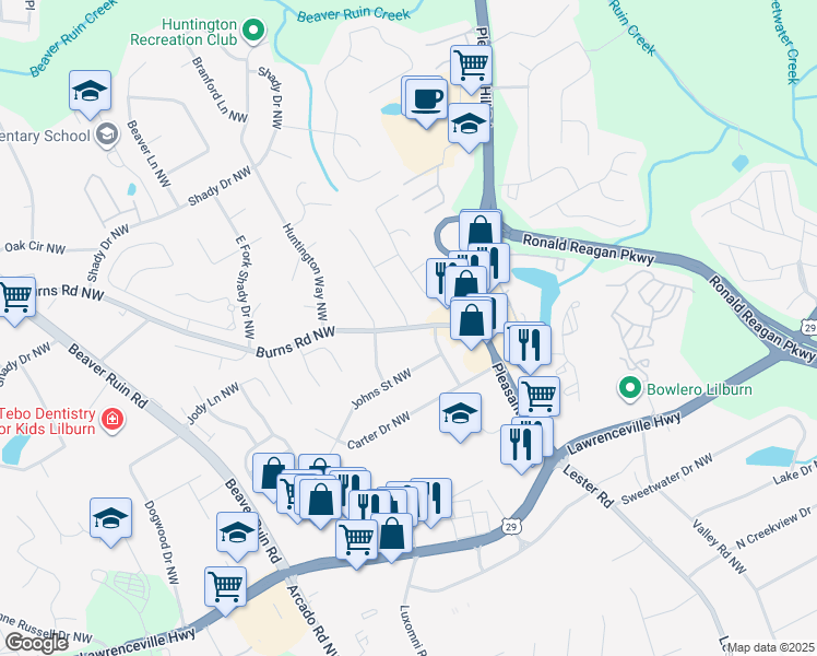 map of restaurants, bars, coffee shops, grocery stores, and more near Burns Rd NW & Burnt Creek Dr NW in Lilburn