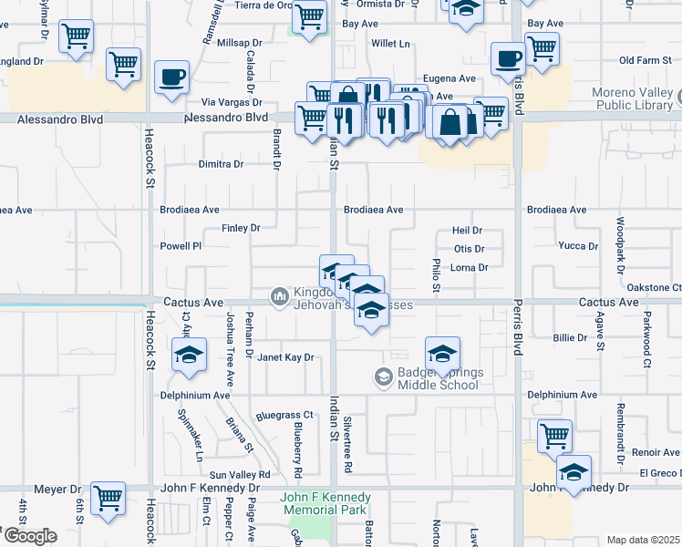 map of restaurants, bars, coffee shops, grocery stores, and more near 24561 Tuscarora Circle in Moreno Valley