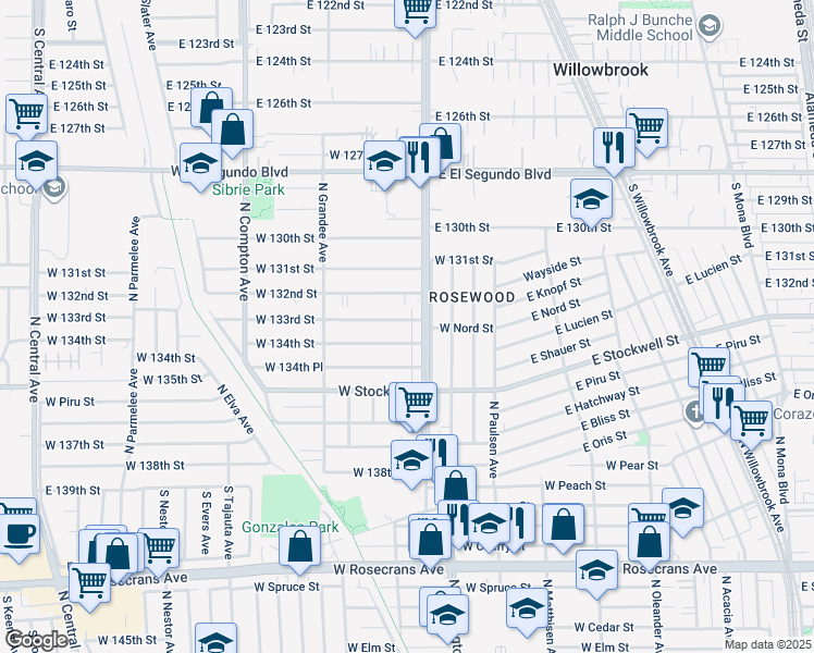 map of restaurants, bars, coffee shops, grocery stores, and more near 810 West 133rd Street in Compton