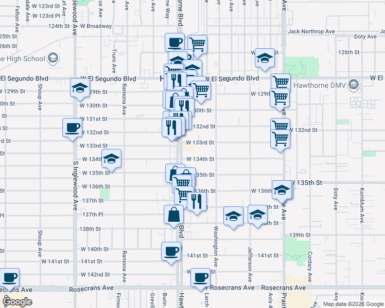 map of restaurants, bars, coffee shops, grocery stores, and more near 4386 West 134th Street in Hawthorne