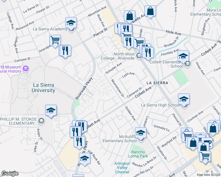 map of restaurants, bars, coffee shops, grocery stores, and more near 4437 Watermoor Drive in Riverside