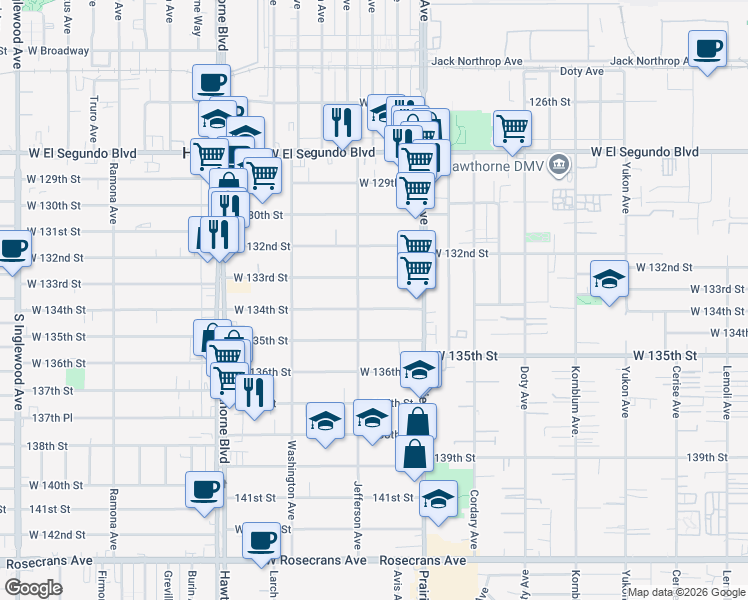 map of restaurants, bars, coffee shops, grocery stores, and more near 4085 West 134th Street in Hawthorne
