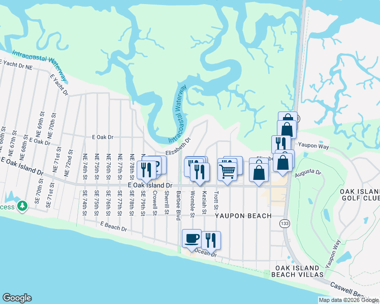 map of restaurants, bars, coffee shops, grocery stores, and more near 414 Barbee Boulevard in Oak Island