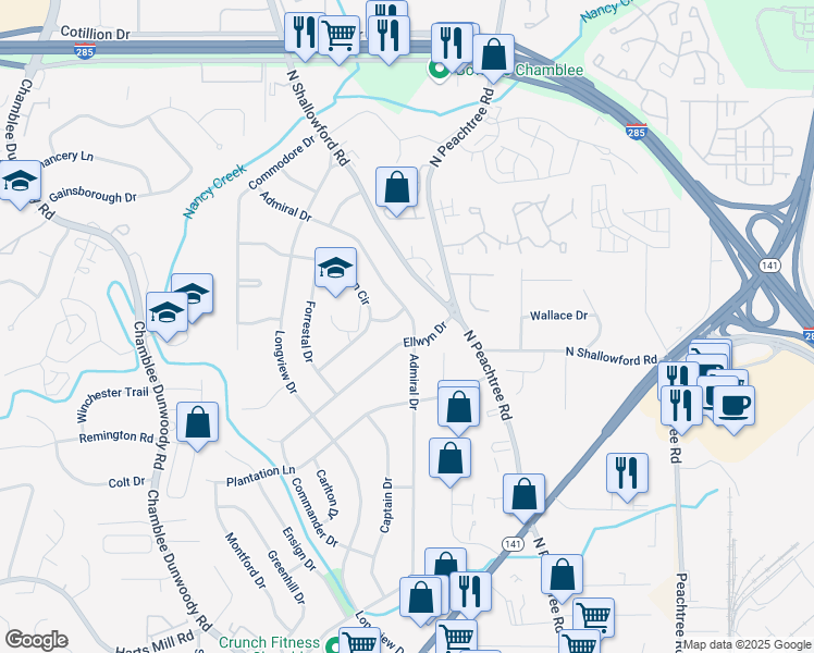 map of restaurants, bars, coffee shops, grocery stores, and more near 4003 Admiral Drive in Chamblee