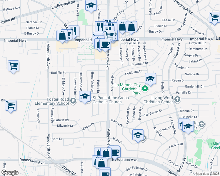 map of restaurants, bars, coffee shops, grocery stores, and more near 13209 Marlette Drive in La Mirada