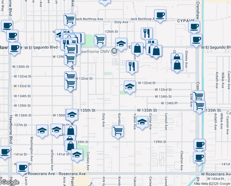 map of restaurants, bars, coffee shops, grocery stores, and more near 13325 Kornblum Avenue in Hawthorne
