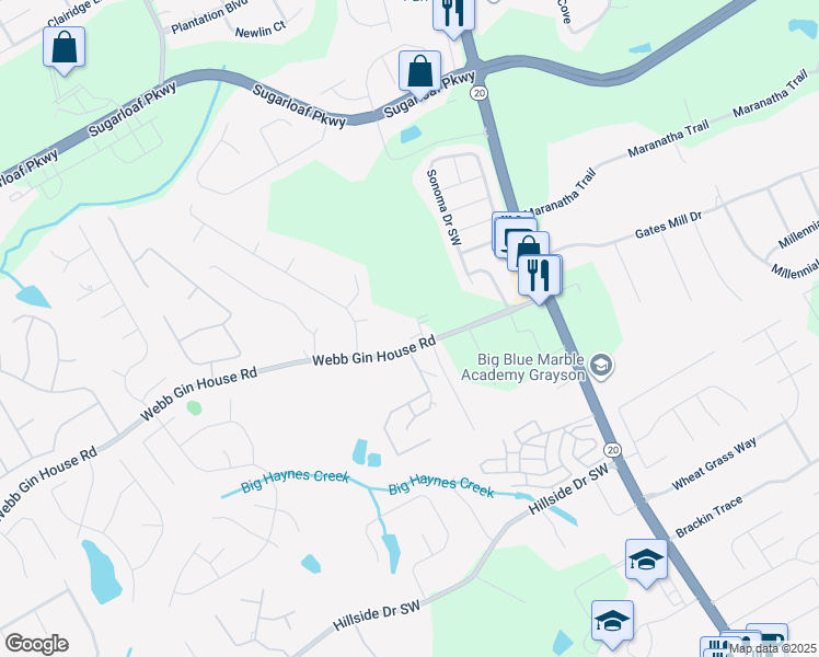 map of restaurants, bars, coffee shops, grocery stores, and more near 587 Webb Gin House Road in Lawrenceville