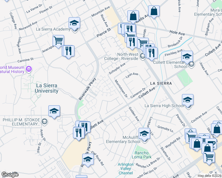 map of restaurants, bars, coffee shops, grocery stores, and more near 11324 Riverleaf Drive in Riverside