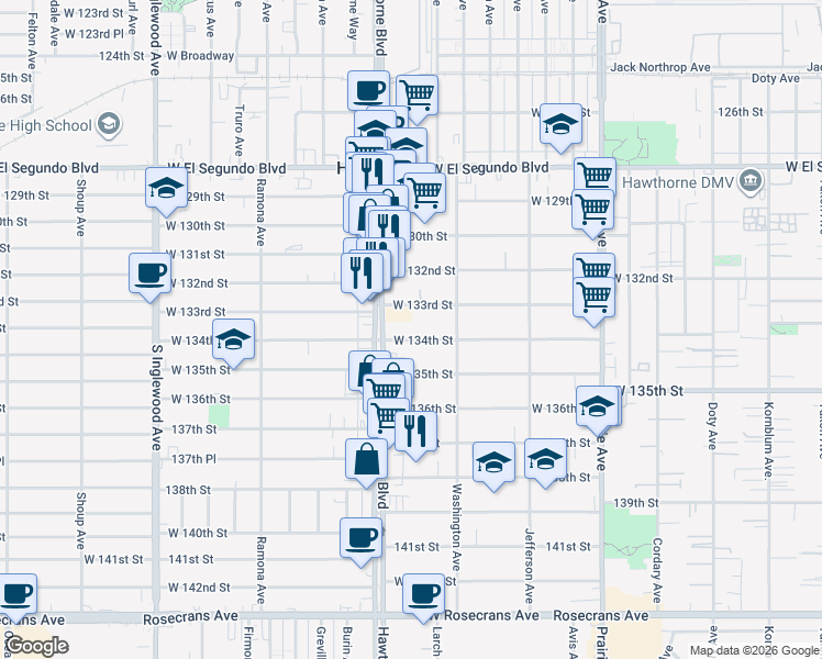 map of restaurants, bars, coffee shops, grocery stores, and more near 4386 West 134th Street in Hawthorne