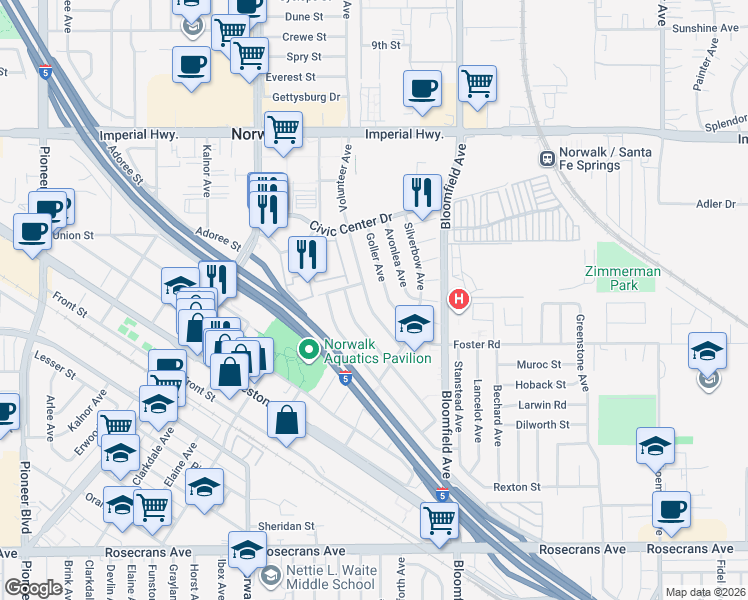 map of restaurants, bars, coffee shops, grocery stores, and more near 13201 Volunteer Avenue in Norwalk