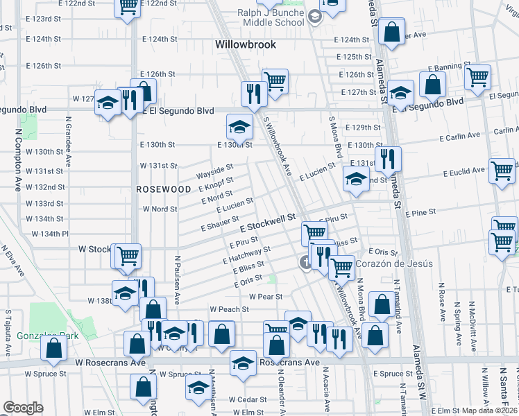 map of restaurants, bars, coffee shops, grocery stores, and more near 13314 South Oleander Avenue in Compton