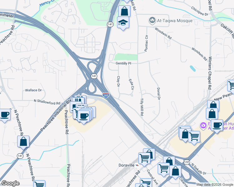 map of restaurants, bars, coffee shops, grocery stores, and more near 4028 Clay Drive in Atlanta