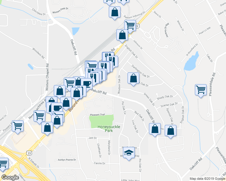 map of restaurants, bars, coffee shops, grocery stores, and more near 3100 Oakcliff Road in Doraville