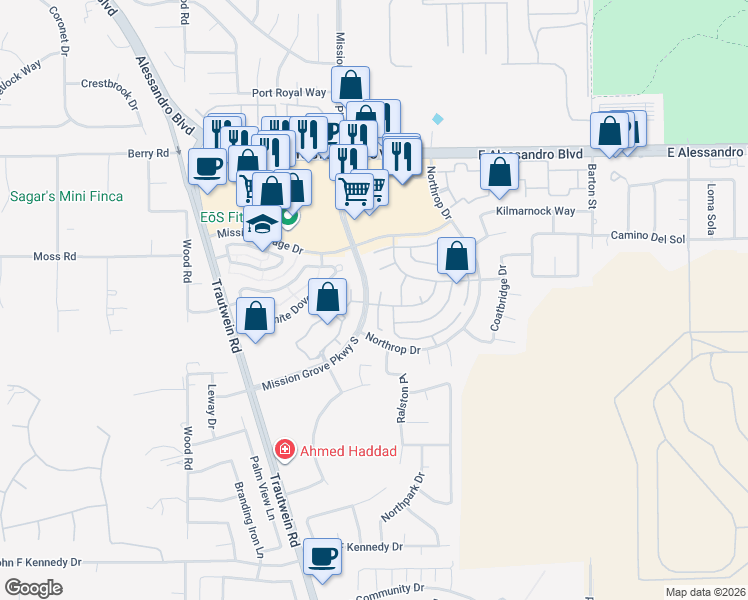 map of restaurants, bars, coffee shops, grocery stores, and more near 11285 Mathilda Lane in Riverside
