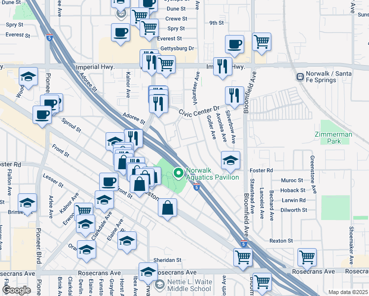 map of restaurants, bars, coffee shops, grocery stores, and more near 13203 Markdale Avenue in Norwalk