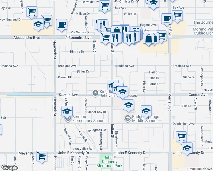 map of restaurants, bars, coffee shops, grocery stores, and more near 24475 Bostwick Drive in Moreno Valley