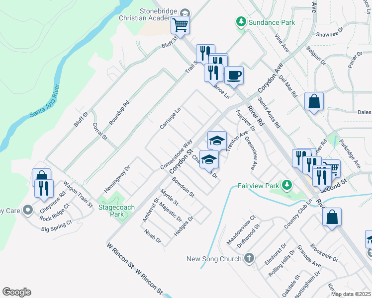 map of restaurants, bars, coffee shops, grocery stores, and more near 1131 Cornerstone Way in Corona