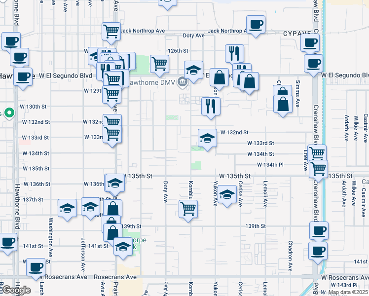 map of restaurants, bars, coffee shops, grocery stores, and more near 13414 Doty Avenue in Hawthorne