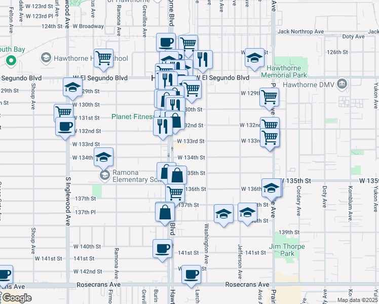 map of restaurants, bars, coffee shops, grocery stores, and more near 4386 West 134th Street in Hawthorne