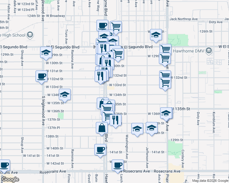 map of restaurants, bars, coffee shops, grocery stores, and more near 4386 West 134th Street in Hawthorne