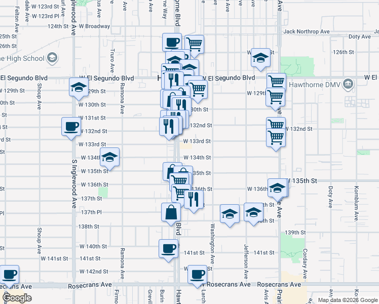 map of restaurants, bars, coffee shops, grocery stores, and more near 4386 West 134th Street in Hawthorne