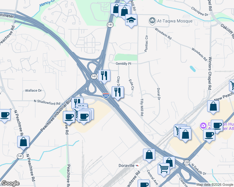 map of restaurants, bars, coffee shops, grocery stores, and more near 4028 Clay Drive in Atlanta