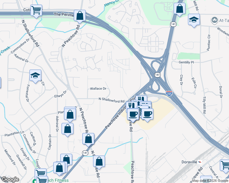 map of restaurants, bars, coffee shops, grocery stores, and more near 4015 East Johnson Circle in Chamblee