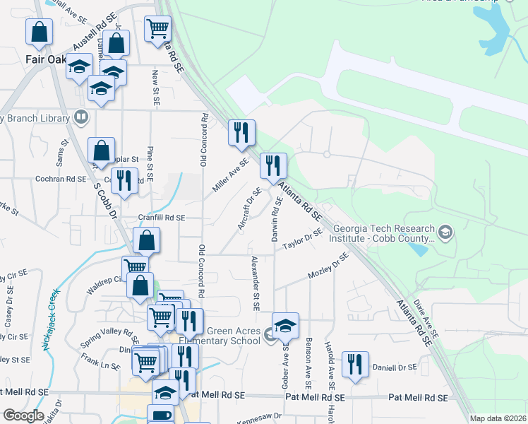 map of restaurants, bars, coffee shops, grocery stores, and more near 1735 Darwin Road Southeast in Smyrna