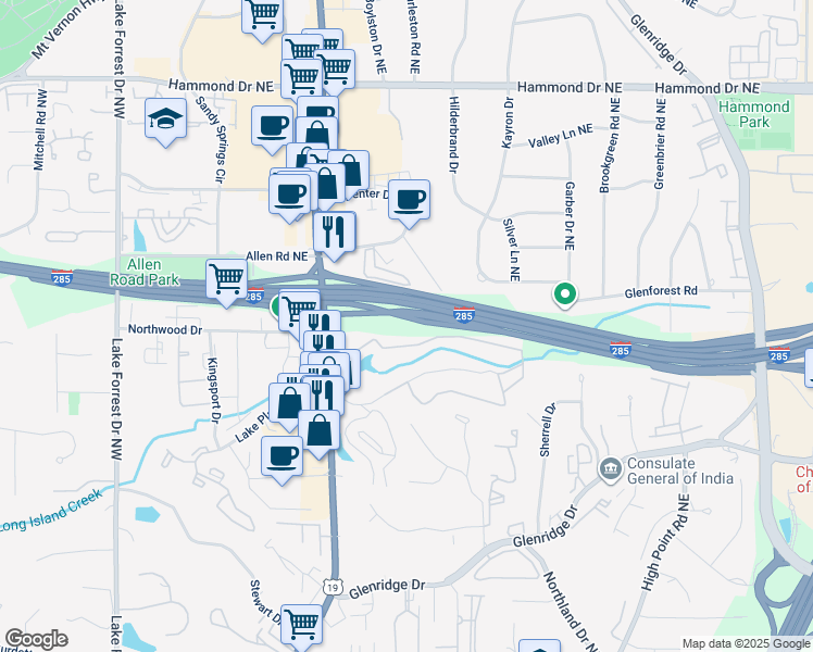map of restaurants, bars, coffee shops, grocery stores, and more near 5735 Roswell Road Northeast in Atlanta