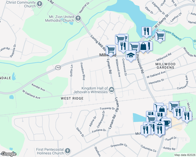 map of restaurants, bars, coffee shops, grocery stores, and more near 420 Conifer Street in Sumter