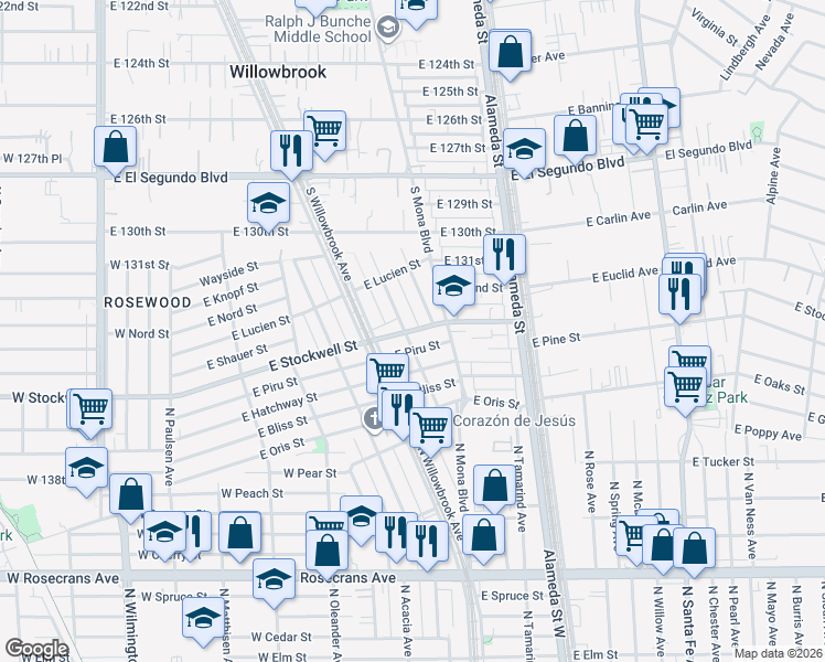 map of restaurants, bars, coffee shops, grocery stores, and more near 2310 East Stockwell Street in Compton