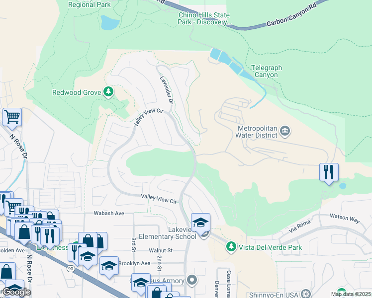 map of restaurants, bars, coffee shops, grocery stores, and more near 17450 Bramble Court in Yorba Linda