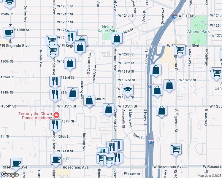 map of restaurants, bars, coffee shops, grocery stores, and more near 13321 Vermont Avenue in Gardena