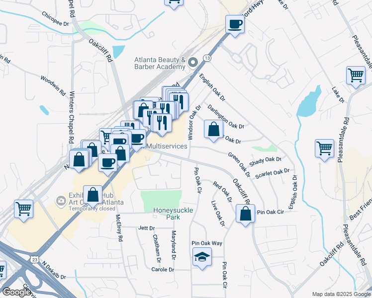 map of restaurants, bars, coffee shops, grocery stores, and more near 3100 Oakcliff Road in Doraville