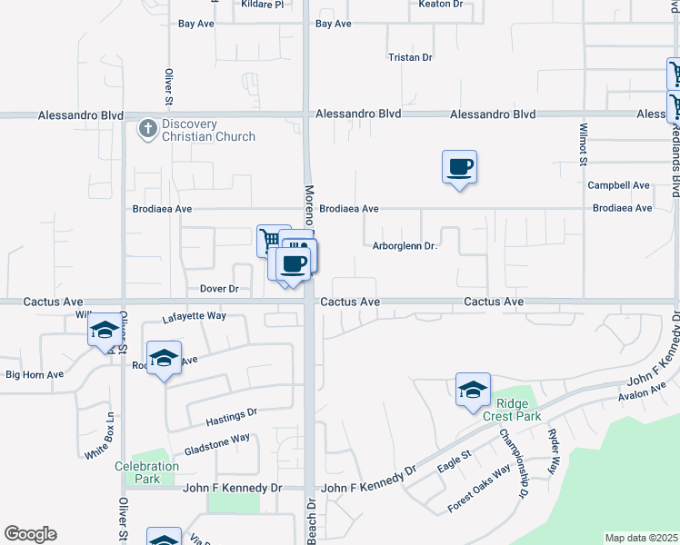 map of restaurants, bars, coffee shops, grocery stores, and more near in Moreno Valley
