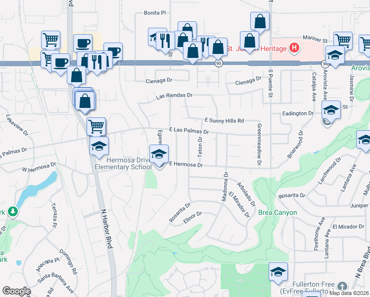 map of restaurants, bars, coffee shops, grocery stores, and more near 3407 Twilight Drive in Fullerton