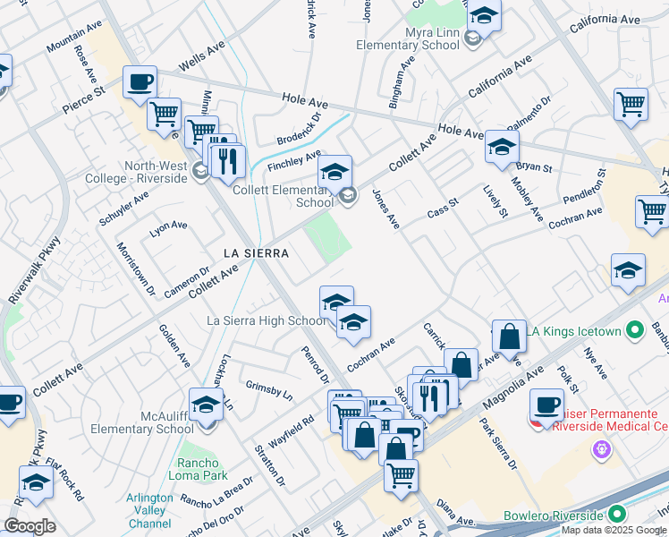 map of restaurants, bars, coffee shops, grocery stores, and more near 4145 La Sierra Avenue in Riverside