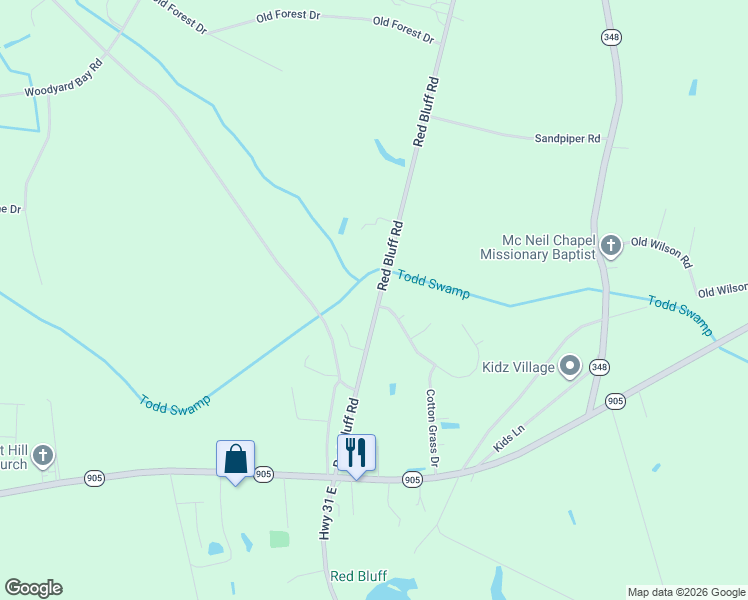 map of restaurants, bars, coffee shops, grocery stores, and more near 104 Winding Path Drive in Loris