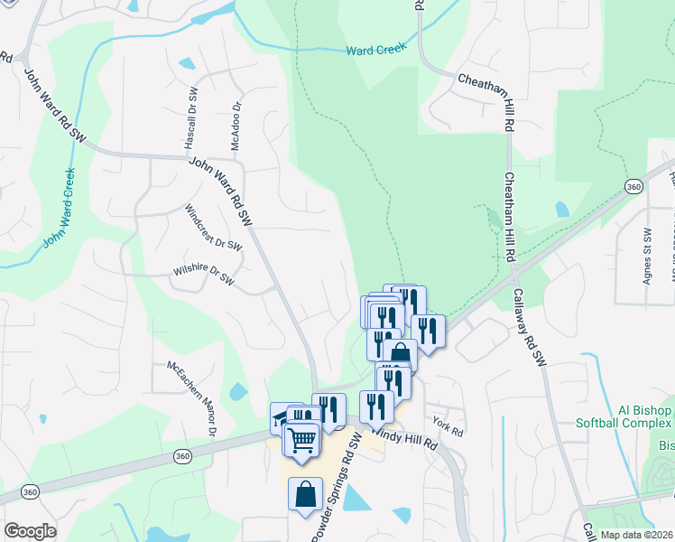 map of restaurants, bars, coffee shops, grocery stores, and more near 1680 Rifle Way Southwest in Marietta