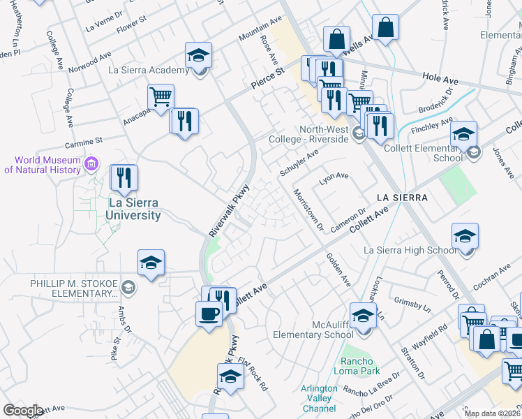 map of restaurants, bars, coffee shops, grocery stores, and more near 4602 Olsen Court in Riverside