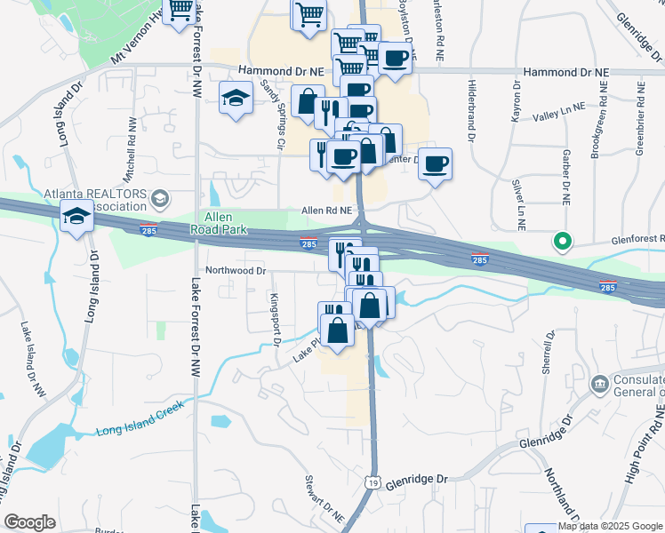 map of restaurants, bars, coffee shops, grocery stores, and more near 5750 Roswell Road Northeast in Atlanta