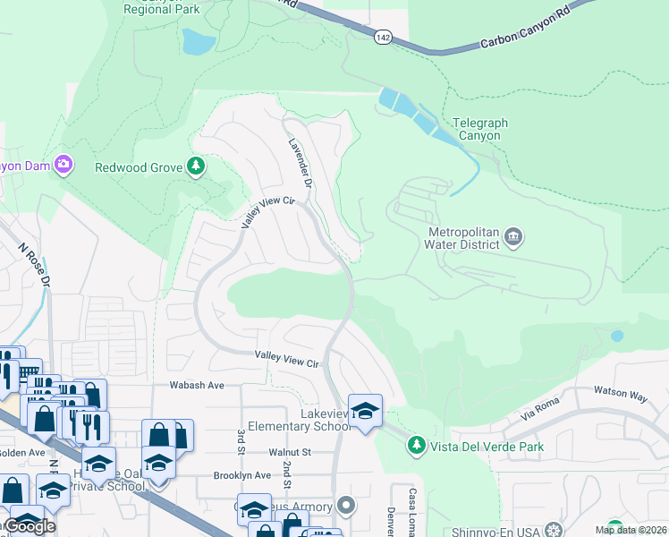 map of restaurants, bars, coffee shops, grocery stores, and more near 17450 Bramble Court in Yorba Linda