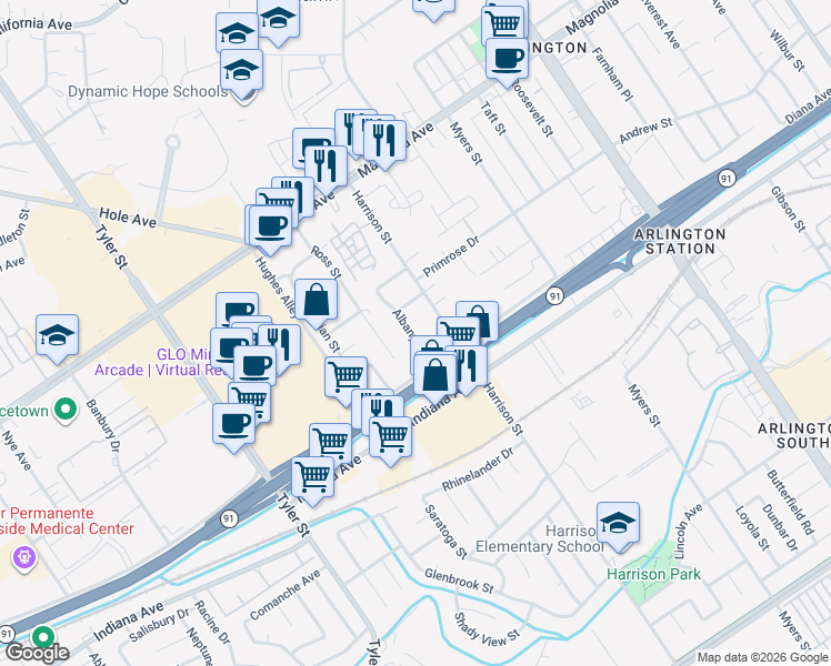map of restaurants, bars, coffee shops, grocery stores, and more near 3519 Albany Street in Riverside