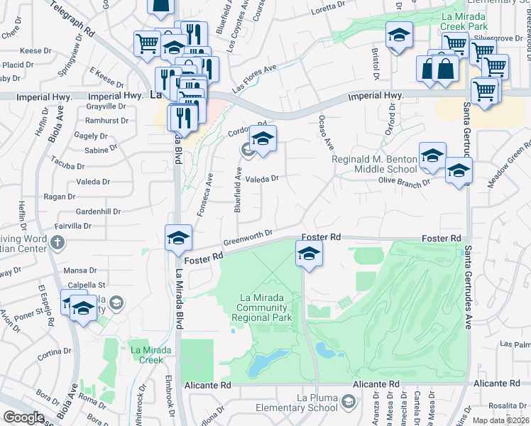 map of restaurants, bars, coffee shops, grocery stores, and more near 13232 Lorca Road in La Mirada
