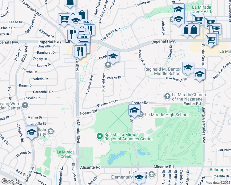 map of restaurants, bars, coffee shops, grocery stores, and more near 13232 Lorca Road in La Mirada
