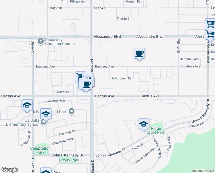 map of restaurants, bars, coffee shops, grocery stores, and more near 28179 Arborglenn Drive in Moreno Valley